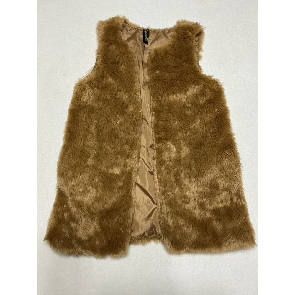 Paparazzi Faux Fur Vest Womens Large Tan Camel Brown Open Front Boho Y2K 61078